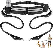 2 Dogs Hands Free Dog Leash for Waist Belt Dual Bungee Reflective Running Black