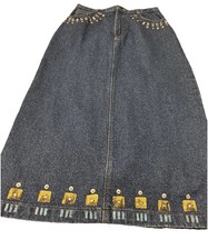 VINTAGE Hand- Embellished Denim Midi Skirt With Abstract Designs Sunbelt Design