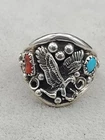 Vintage Size 10 Sterling Silver Turquoise & Coral Eagle Signed “Y” Ring 10.8 G