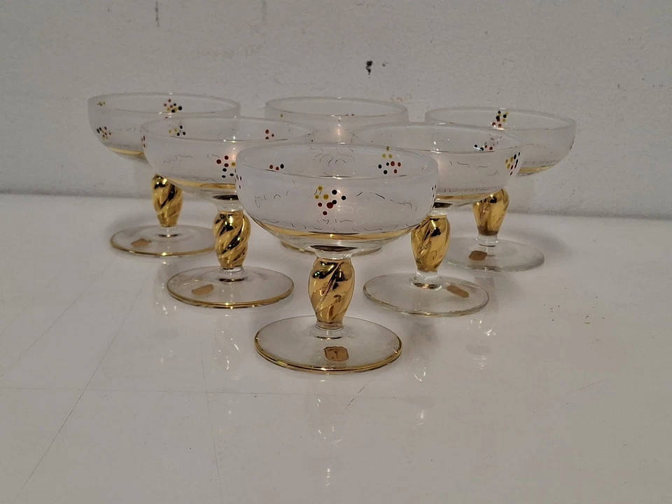 6 Coppe Bicchieri Vetro Cristallo Colorato Rifiniture Oro Vintage  - Immagine 2 di 4