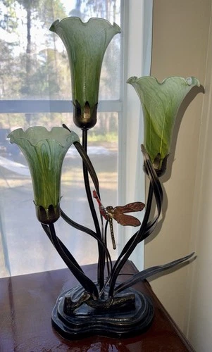 VTG Tiffany Style Luminarie Table Lamp Brass Green Tulips & Red Dragonfly 21"