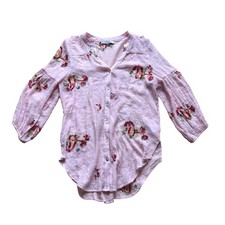 Figueroa  Flower Women's Button Front Top L Pink Embroidered Boho Tunic Blouse
