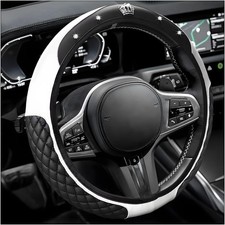 15 Inch Diamond Crown Leather Steering Wheel Cover Sparkly Cryst Color White