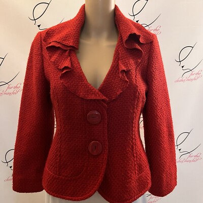 Cato.  Size 8.  Red Waffle Weave Long Sleeve Ruffle Jacked.  Lined. Fitted. GB