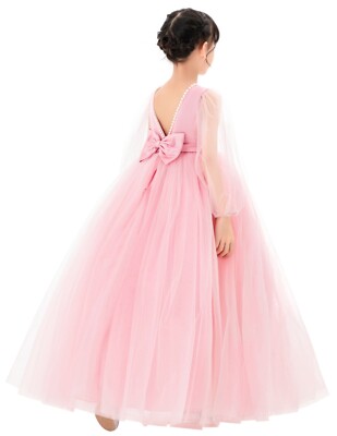 Pearl Beaded Trim V-Back Flower Girl Dress with Tulle Sleeves Formal  Dresses | eBay
