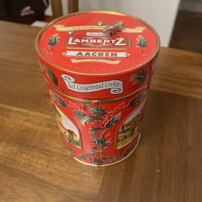Lambertz Aachen German Round Cookie Tin W/ Music Box 1999 Deck The Halls