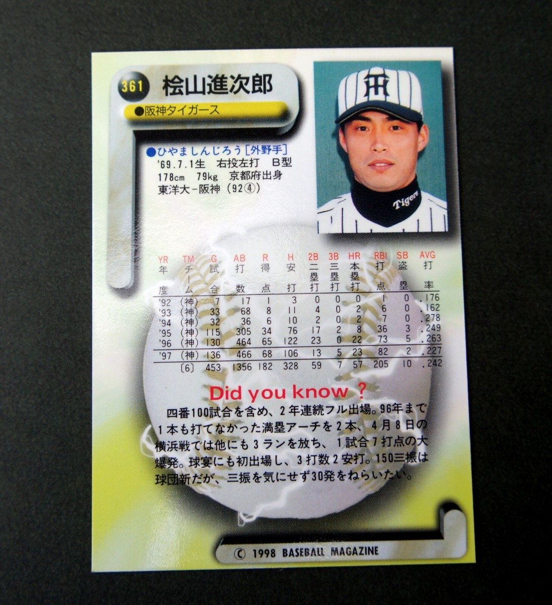 1998 BBM Shinjiro Hiyama baseball card Hanshin Tigers Japan