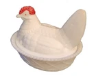 Chicken Dish Nesting Milk Glass 5" X 4" Vintage White Red Kitchen Decoration