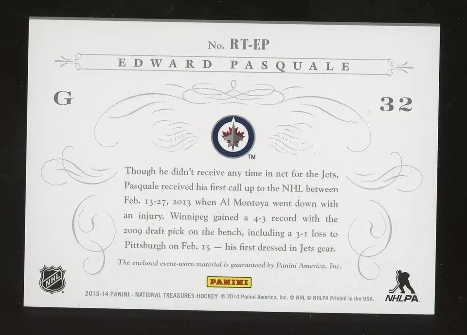 2013-14 Panini National Treasures Hockey Edward Pasquale Jets RC Patch 14/50 - Image 2 of 2