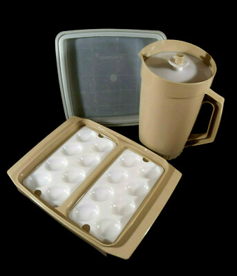 Vintage Tupperware Taupe Egg Tray with 2 Egg Holder Inserts and 2 Quart Pitcher