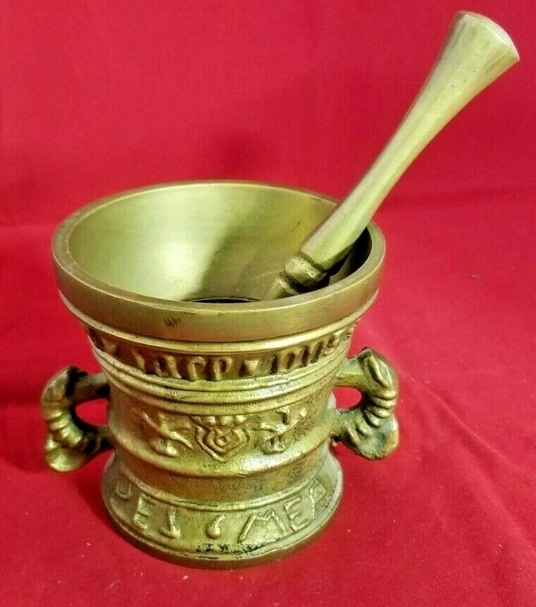 Bronze Apothecary Mortar and Pestle with Sea Horse Handles