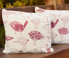 2 Newport Beige Burlap Red Drawn Birds Throw Accent Pillows Feather 20" x 20”