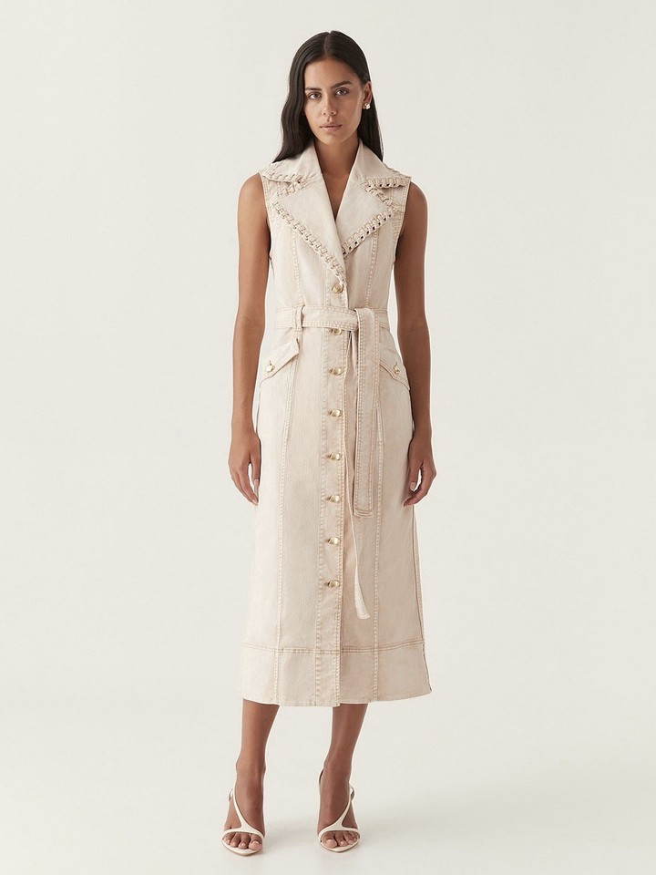 AJE Denim Dress Lorah Midi - Size 8 - Long Cream Belted Sleeveless Beige