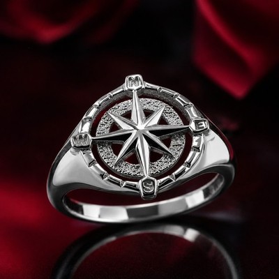 Sterling Silver Compass Ring for Women Polished North Star Compass Rose Signet