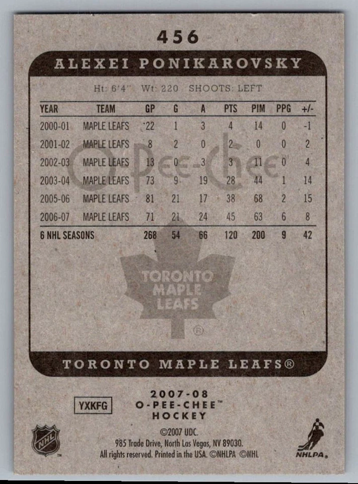 2007-08 O-Pee-Chee Alexei Ponikarovsky Toronto Maple Leafs #456 - Image 2 of 2