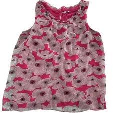 ELLE Shirt Womens Medium Pink Poppy Floral Ruffle Neckline Shift Blouse Top 