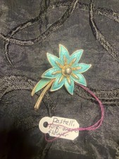 Pastelli Brooch Pin Aqua Blue Flowers Gold Toned Almost 2” Vintage 1960's Italy