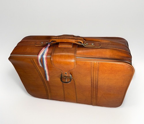 Vintage 70s Sears , Brown Travel Luggage with Lock and Keys + 2 Straps MCM - Picture 3 of 24