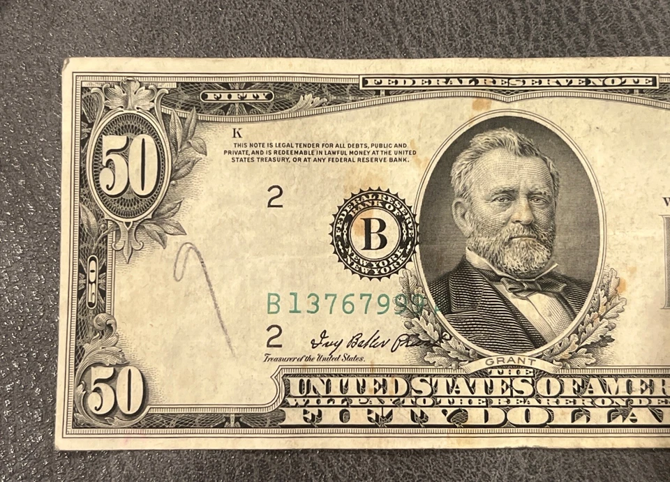 1950 series 50.00$ US DOLLAR BILL MISPRINT with MAJOR PRINT ERROR -misalignment  - Image 4 of 4