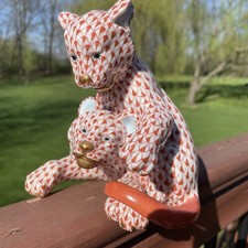 Herend Porcelain Lion Cubs Playing Figurine Rust Fishnet Large -15358 -6”-MINT