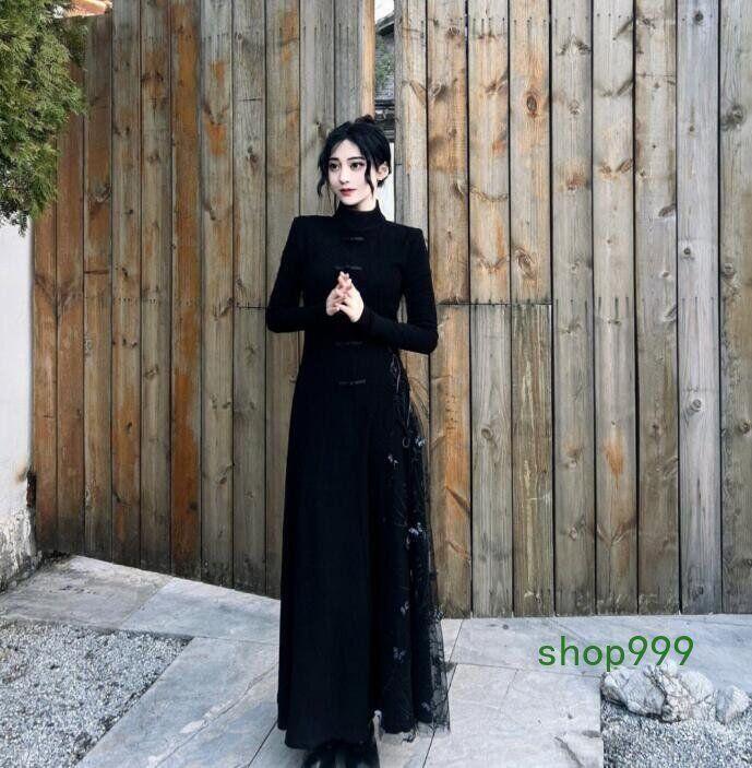 knee length dresses for ladies Black Linen Maxi Dress – Vintage Gothic Inspired Long Sleeve Dress 1450 Black / Xs main image 0