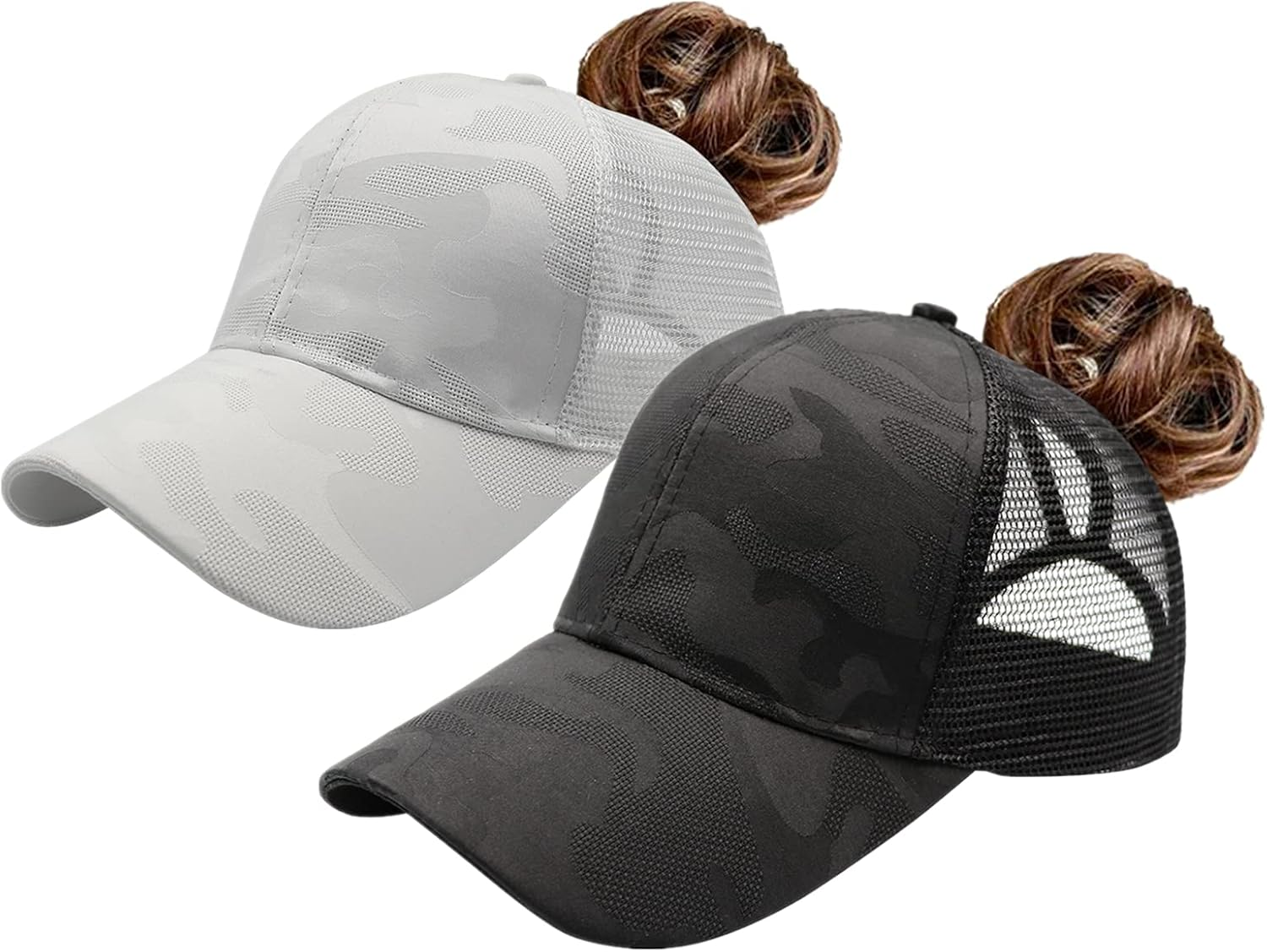 PONY Cappello da baseball donna con coda di cavallo alto 0002 2hats (tessuto mimetico nero + bianco)