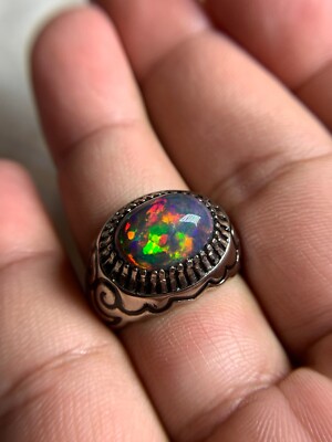 Gents Ct Black Opal Hand Made Silver Ring Rhodium Coated
