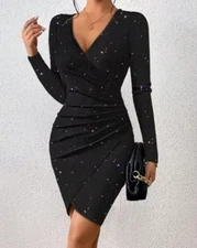 Women's Sexy Deep V Neck Sequin Glitter Bodycon Dresses Stretchy Mini Dress