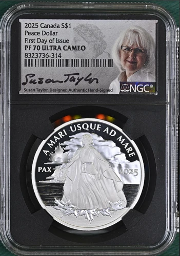 :2025 S$1 PAX PEACE DOLLAR CANADA NGC PF70UC FDOI SUSAN TAILOR LABEL RARITY R3
