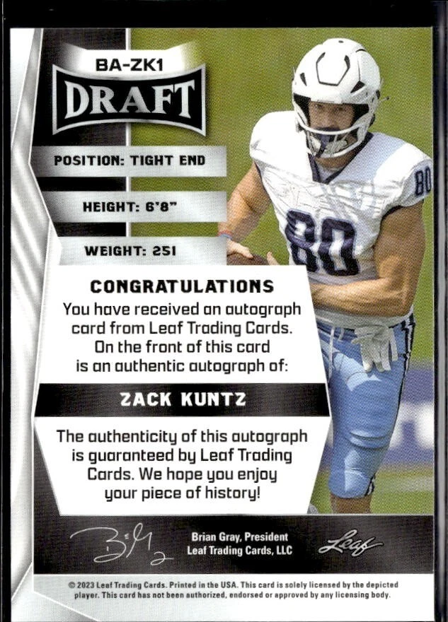 2023 LEAF DRAFT RED AUTOGRAPH XRC #BA-ZK1 ZACK KUNTZ - Image 2 of 2