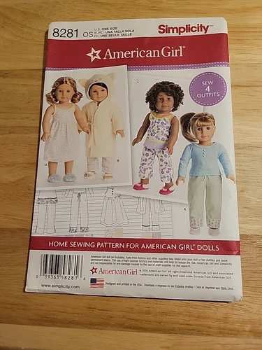 Simplicity Pattern - American Girl 4 Outfits #8281 Top Pants Nightgown Robe NEW