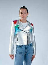 The Mighty Company Treviso Leather Jacket Silver Metallic Rainbow 5x $1,395 Nwt