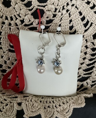 Gorgeous Sterling Silver Blue Star With Faux Pearl Earrings