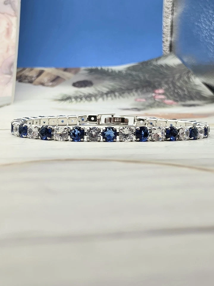 Bracelet Tennis Argent 925 et Zirconiums Bleu -  Femme / Homme Taille 18cm  - Photo 1/3