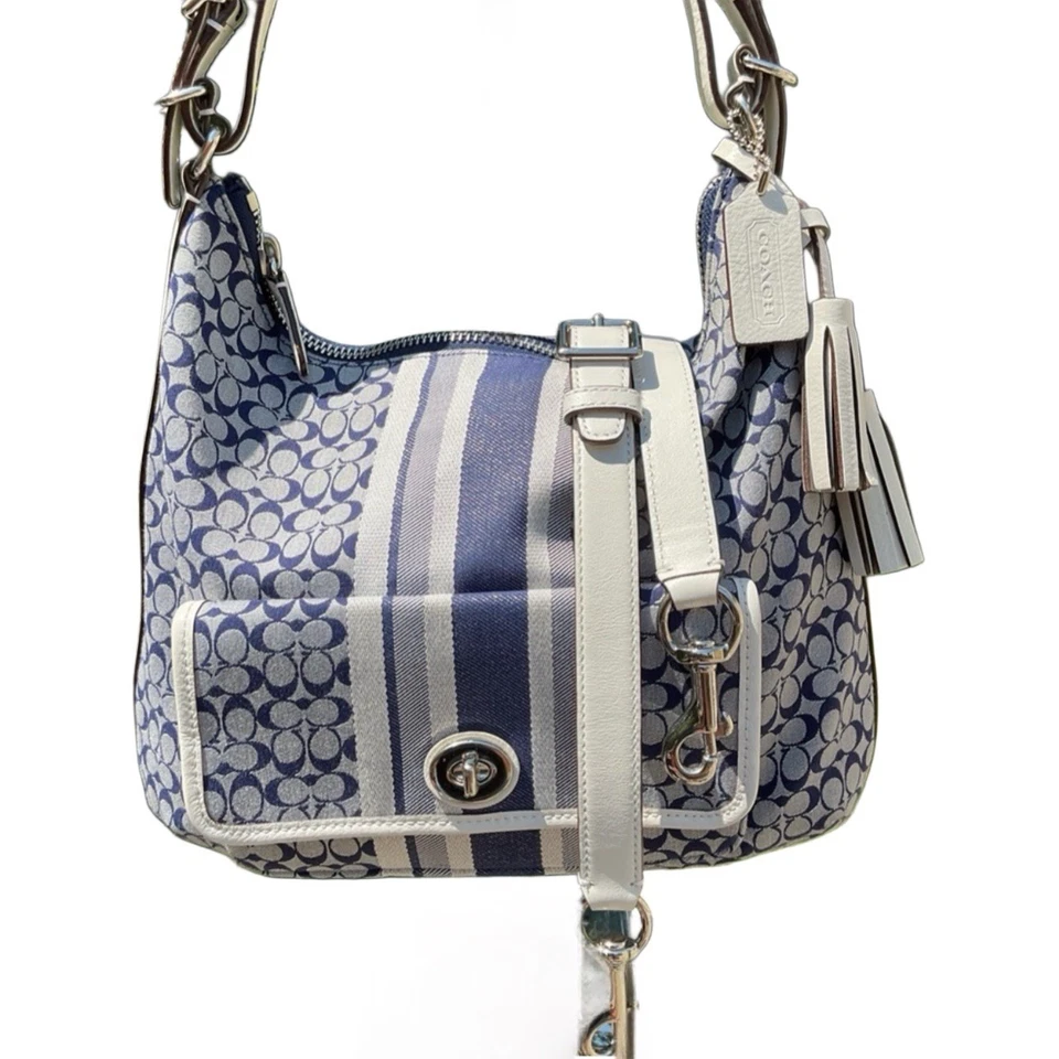 Bolso Hobo Coach Azul y Blanco Lona Firma Rayas Jacquard K1298-22394 Foto 2 de 4