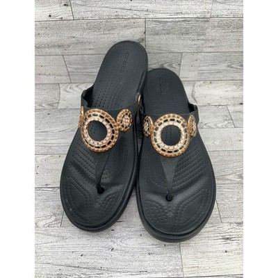 Crocs Women's Black Embellished Thong Sandals Flip Flops Size 11