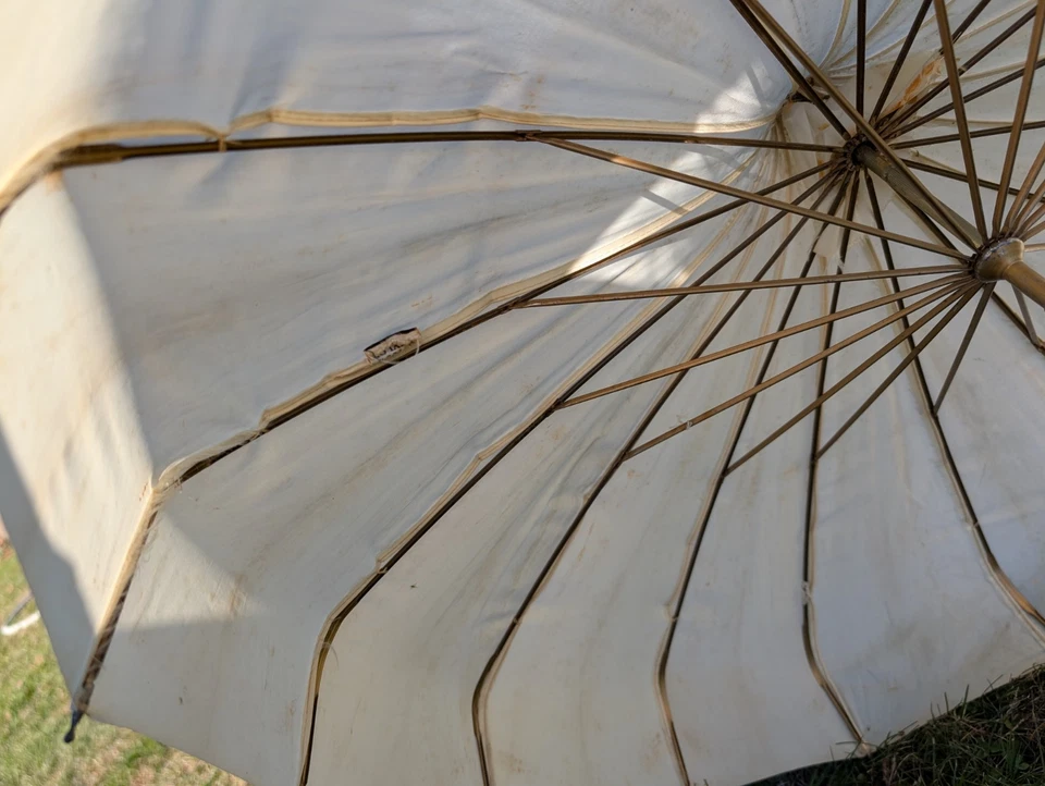 古董复古女式 20 世纪 50 年代 PJK RN15271 尼龙遮阳伞木柄 29 — 第 3/4 张图片