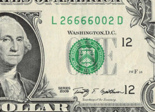 trinary quad 2s 0s 6s fancy serial number 2009 $1 1 dollar bill L26666002D fw