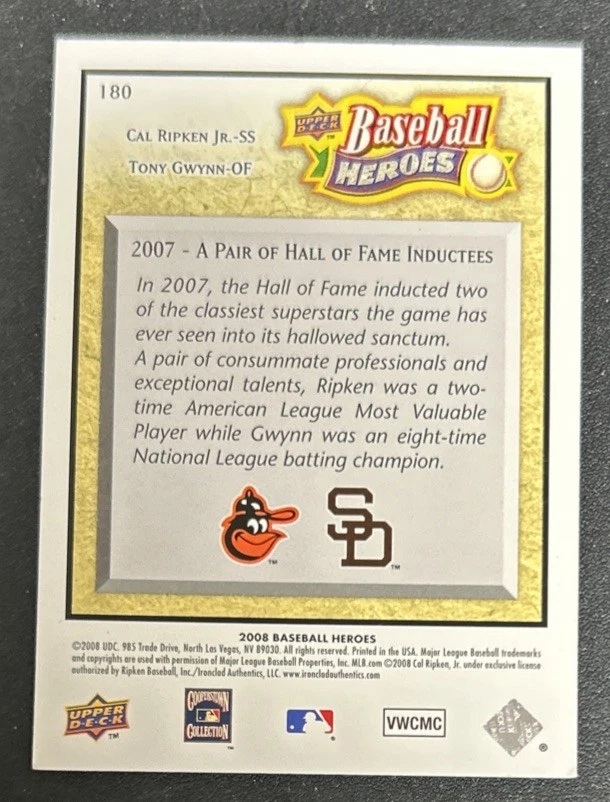 2008 Upper Deck Baseball Heroes Cal Ripken Jr Orioles Tony Gwynn Padres #180 HOF - Image 2 of 2