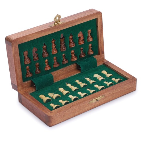 Juego de ajedrez de viaje magnético - Madera de acacia artesanal, tablero plegable con pata... - Imagen 6 de 9