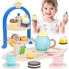 Wooden Tea Sets for Toddlers 3-5, Princess Tea Party Set for Little Girls wit...