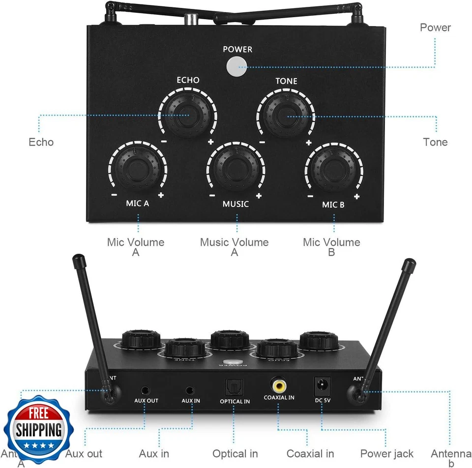 Portable Karaoke Microphone Mixer System Set with Dual UHF Wireless Mic, 3.5m - Image 2 of 4