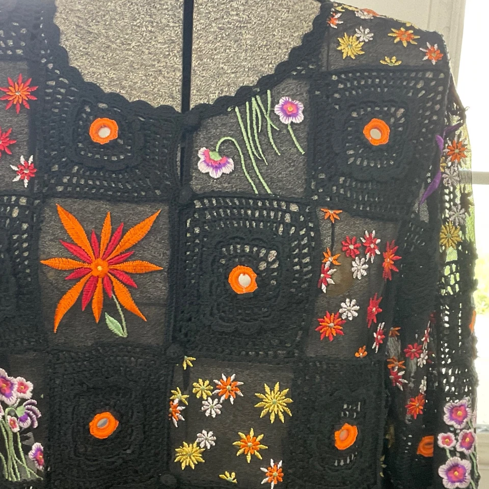 Cárdigan negro para mujer talla L flores boho abuela chic crochet transparente Y2K centro comercial Foto 4 de 4