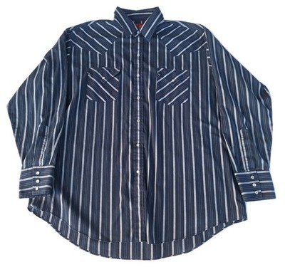 Ely Plains Western Wear Shirt Men's Sz XL Long Sleeve Pearl Snap Up Navy Striped