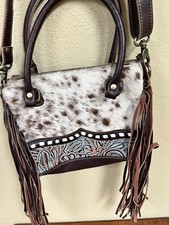 Myra Bag Western Cowhide Leather Tooled Turquoise Fringe Concealed Carry Purse