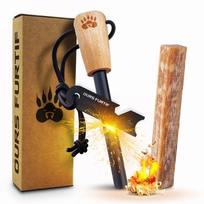 OURS FURTIF Fire Starter Survival Kit   3/8'' Ferro Rod with MultiTool Striker...
