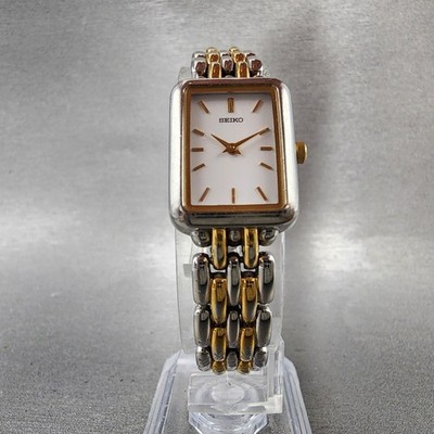 Seiko Tank Watch Women 17mm White Dial Two Tone Rectangle V400