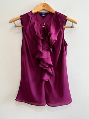 Chaps Satin Sleeveless Blouse Womens S Wine Keyhole with Ruffle Career