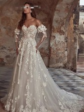 Ivory Boho Lace Wedding Dress With 3D Floral Appliques Long Sleeves Bridal Gowns