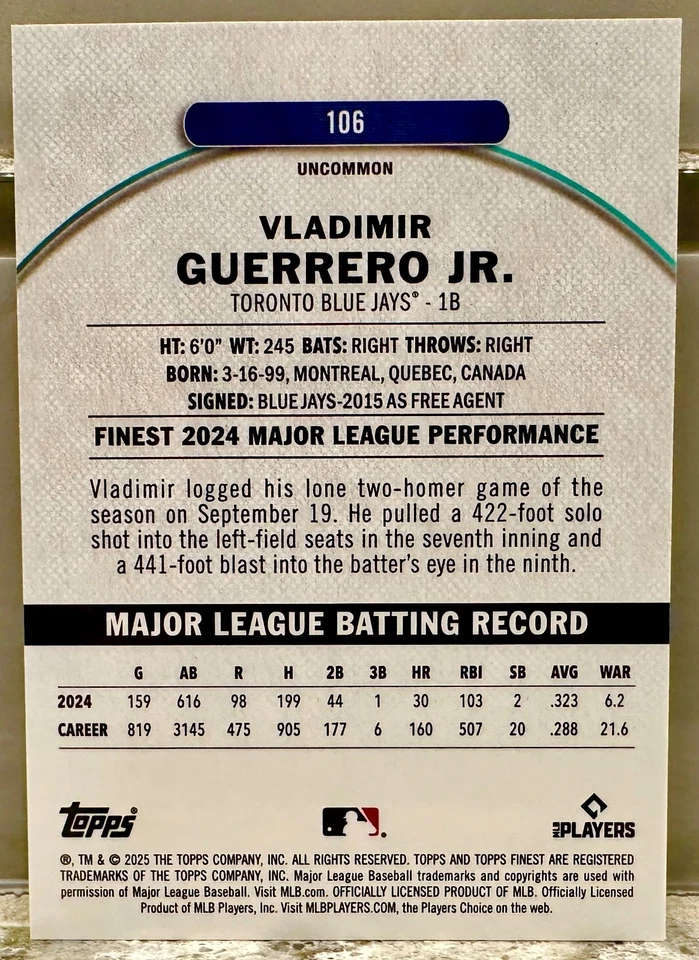 COR E CAMISA # CORRESPONDÊNCIA! 2025 Topps Finest Vladimir Guerrero 27/75! JAYS (1/1)! - Imagem 2 de 3